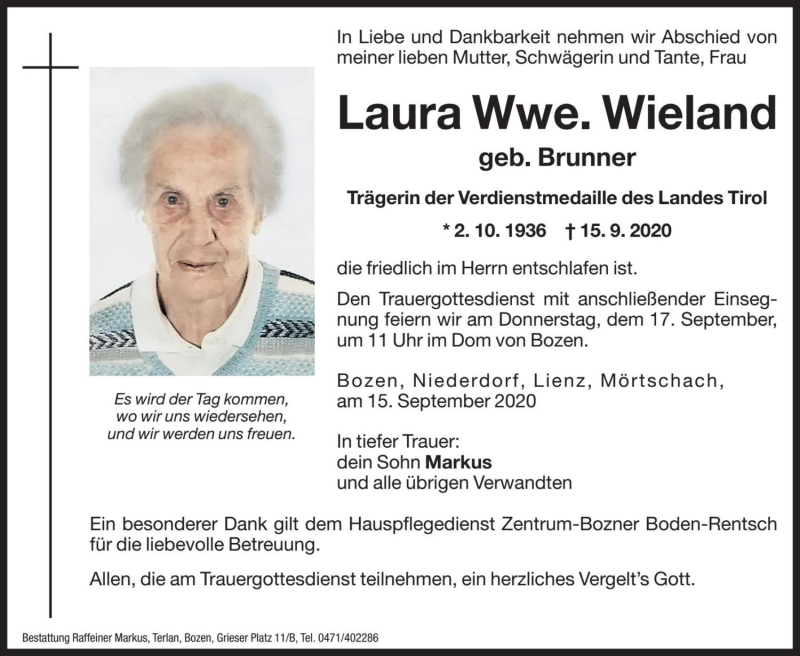  Traueranzeige für Laura Wieland vom 16.09.2020 aus Dolomiten