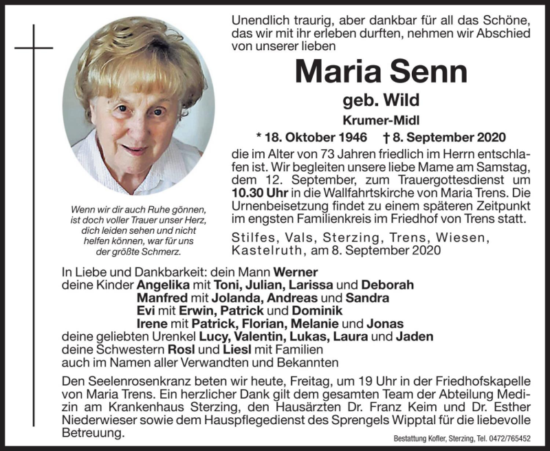  Traueranzeige für Maria Senn vom 11.09.2020 aus Dolomiten