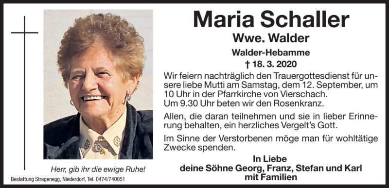  Traueranzeige für Maria Walder vom 09.09.2020 aus Dolomiten