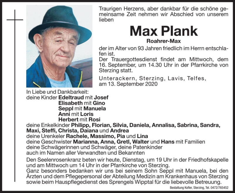  Traueranzeige für Max Plank vom 15.09.2020 aus Dolomiten