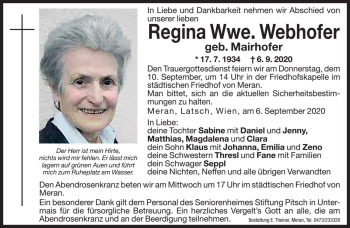 Traueranzeige von Regina Webhofer von Dolomiten