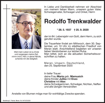 Traueranzeige von Rodolfo Trenkwalder von Dolomiten