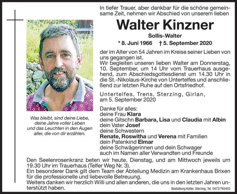  Traueranzeige für Walter Kinzner vom 08.09.2020 aus Dolomiten