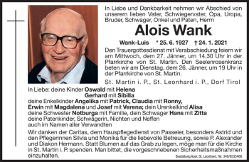 Traueranzeige von Alois Wank von Dolomiten