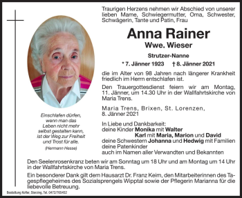 Traueranzeige von Anna Wieser von Dolomiten