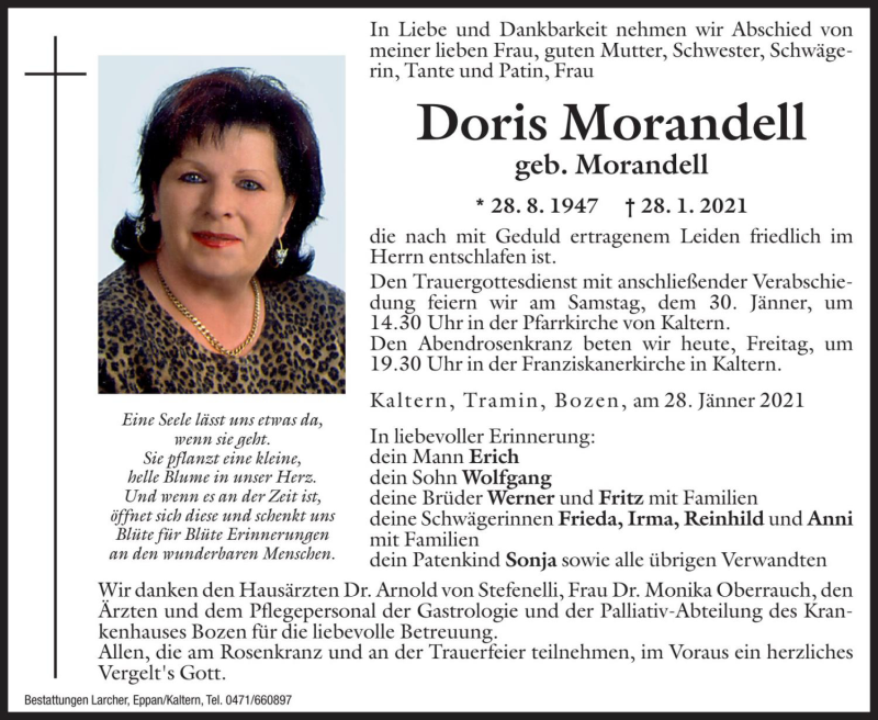  Traueranzeige für Doris Morandell vom 29.01.2021 aus Dolomiten