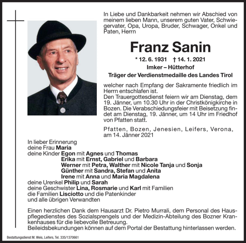  Traueranzeige für Franz Sanin vom 18.01.2021 aus Dolomiten