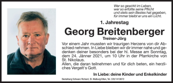 Traueranzeige von Georg Breitenberger von Dolomiten