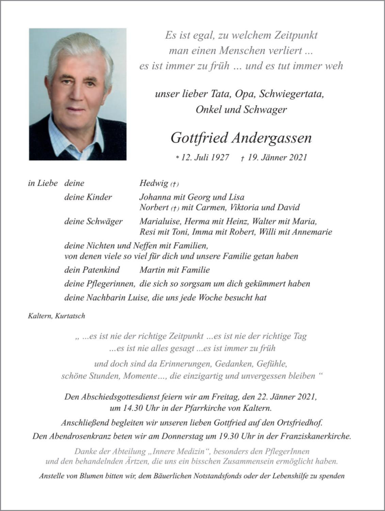  Traueranzeige für Gottfried Andergassen vom 21.01.2021 aus Dolomiten