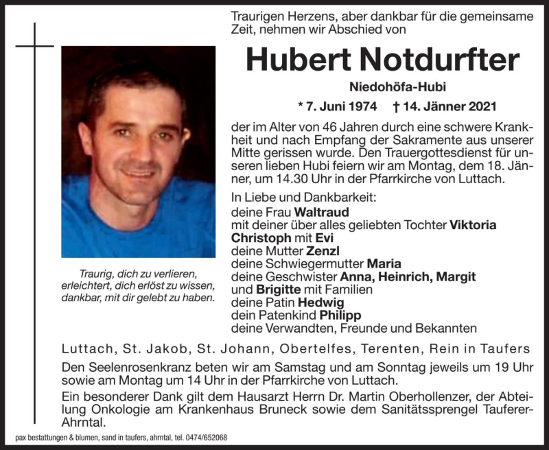  Traueranzeige für Hubert Notdurfter vom 16.01.2021 aus Dolomiten