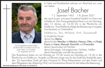 Traueranzeige von Josef Bacher von Dolomiten