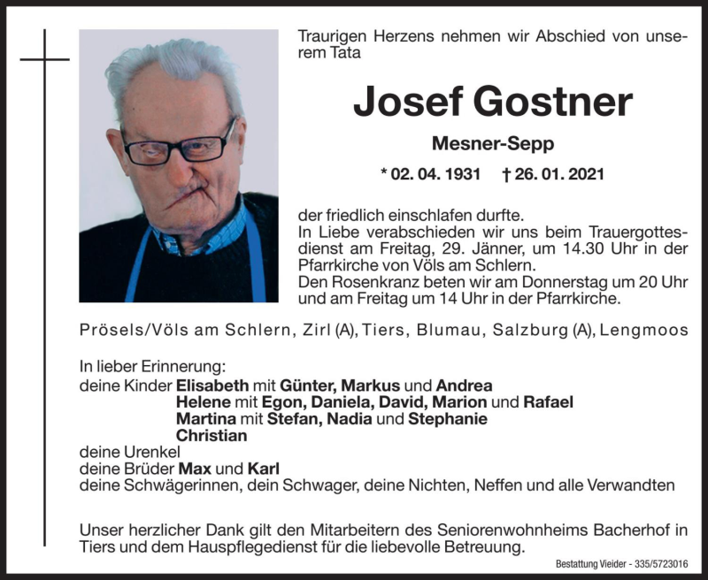  Traueranzeige für Josef Gostner vom 27.01.2021 aus Dolomiten