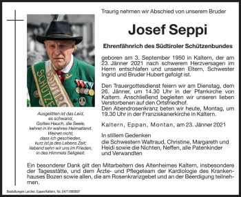Traueranzeige von Josef Seppi von Dolomiten