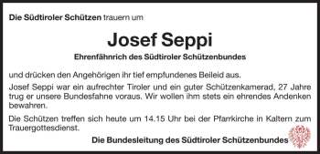 Traueranzeige von Josef Seppi von Dolomiten