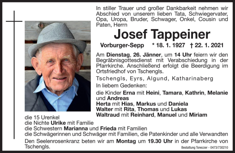  Traueranzeige für Josef Tappeiner vom 25.01.2021 aus Dolomiten
