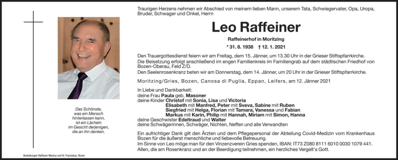  Traueranzeige für Leo Raffeiner vom 13.01.2021 aus Dolomiten