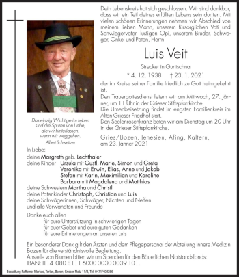 Traueranzeige von Luis Veit von Dolomiten