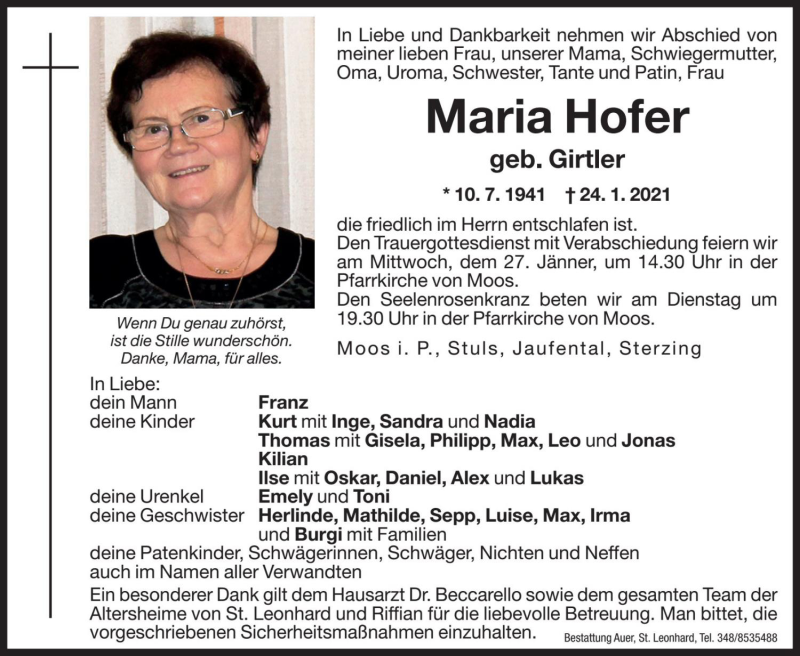  Traueranzeige für Maria Hofer vom 26.01.2021 aus Dolomiten