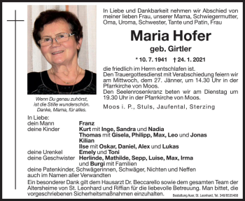 Traueranzeige von Maria Hofer von Dolomiten