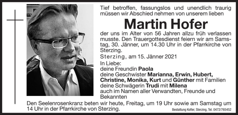  Traueranzeige für Martin Hofer vom 29.01.2021 aus Dolomiten