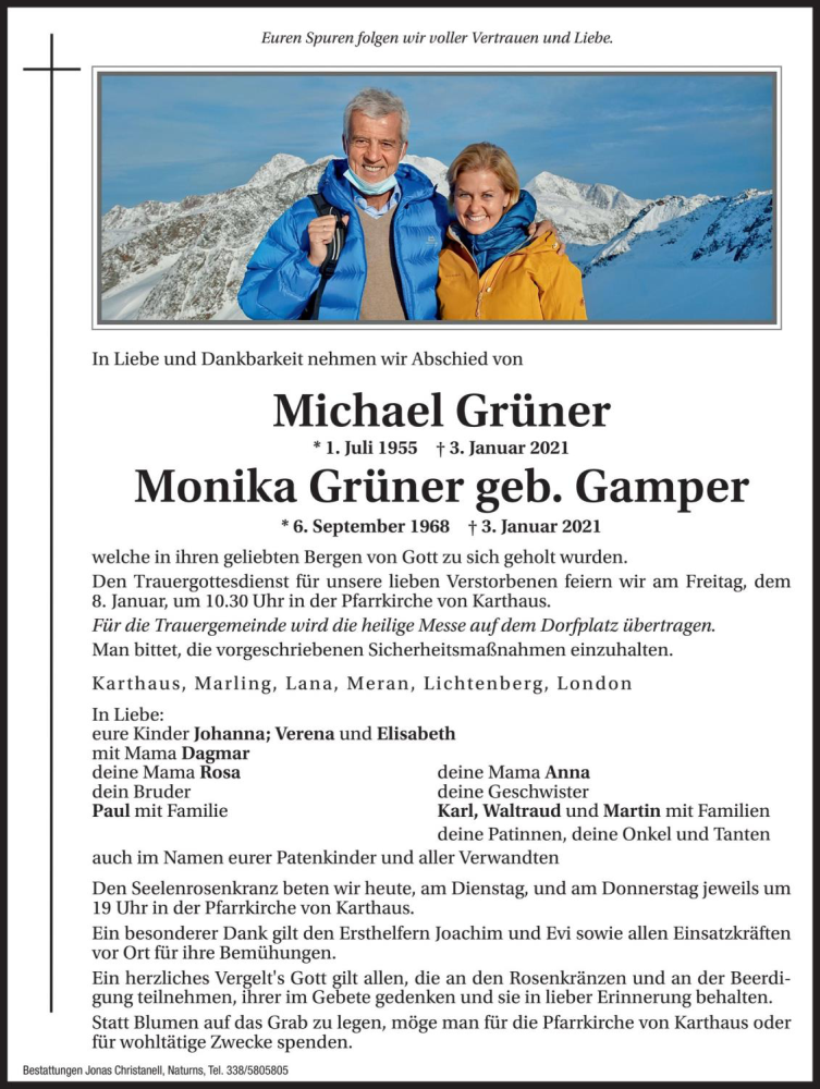  Traueranzeige für Monika Grüner vom 05.01.2021 aus Dolomiten