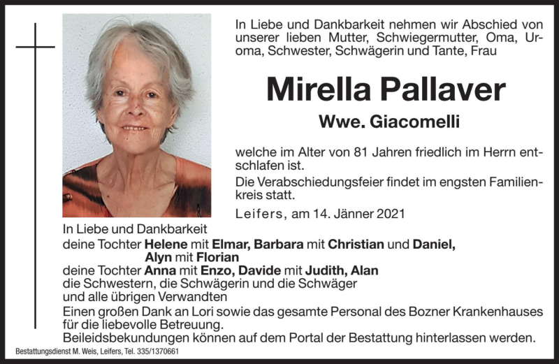  Traueranzeige für Mirella Giacomelli vom 16.01.2021 aus Dolomiten