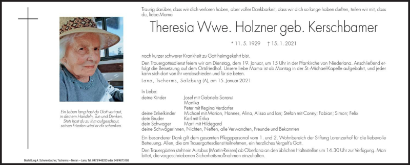  Traueranzeige für Theresia Holzner vom 16.01.2021 aus Dolomiten