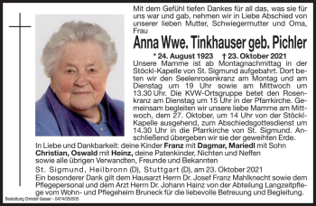 Traueranzeige von Anna Tinkhauser von Dolomiten