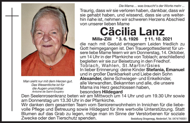 Traueranzeige für Cäcilia Lanz vom 12.10.2021 aus Dolomiten