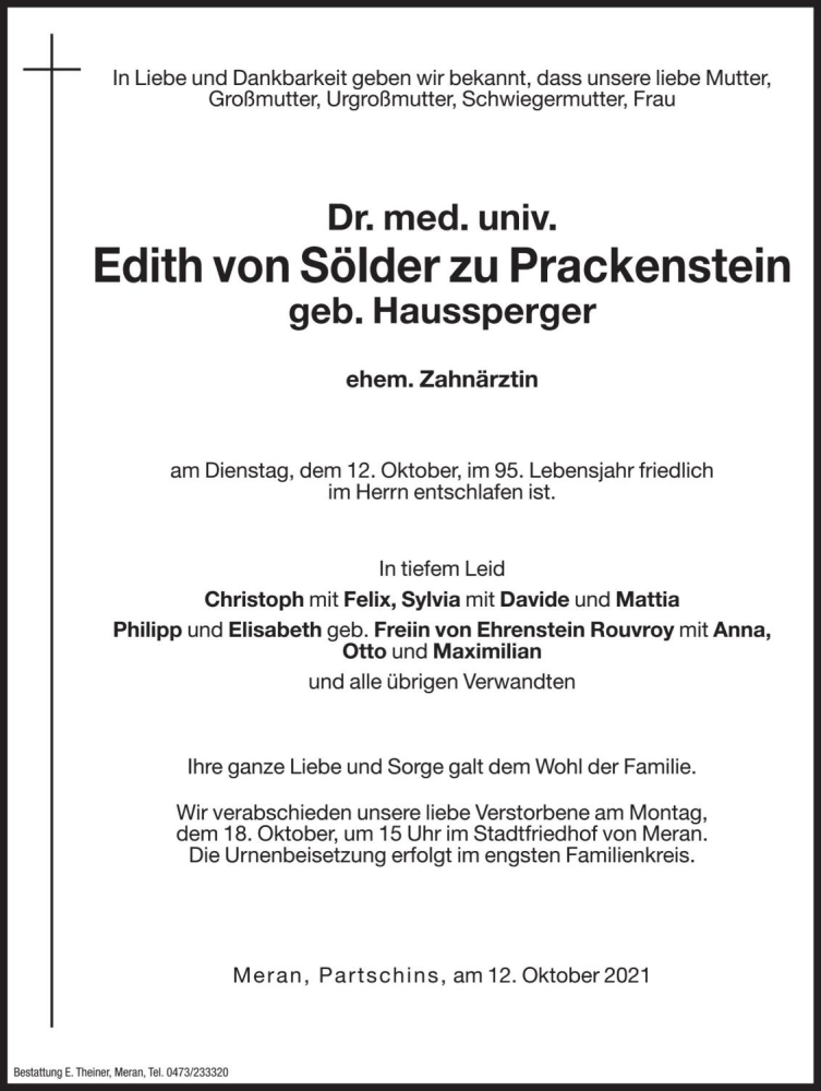  Traueranzeige für Edith von Sölder zu Prackenstein vom 15.10.2021 aus Dolomiten