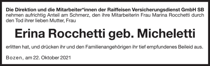  Traueranzeige für Erina Rocchetti vom 23.10.2021 aus Dolomiten