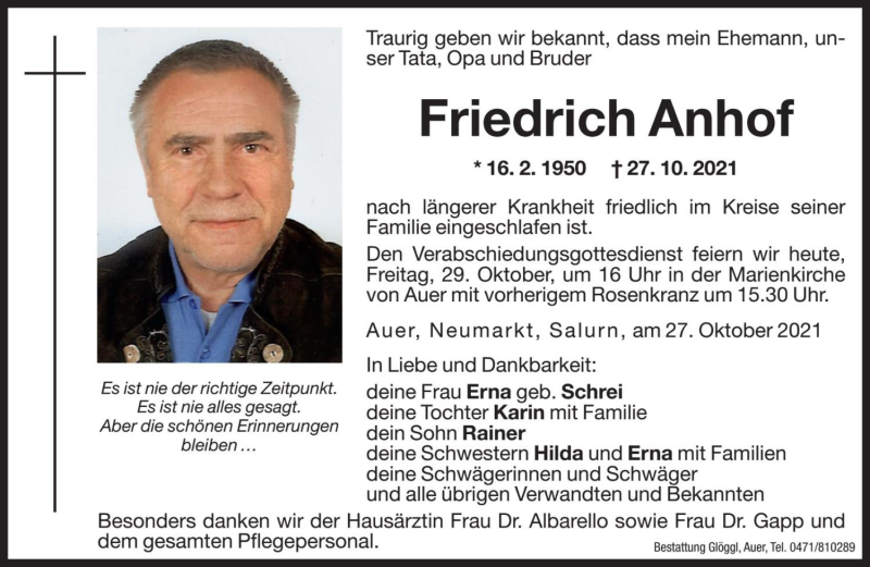  Traueranzeige für Friedrich Anhof vom 29.10.2021 aus Dolomiten