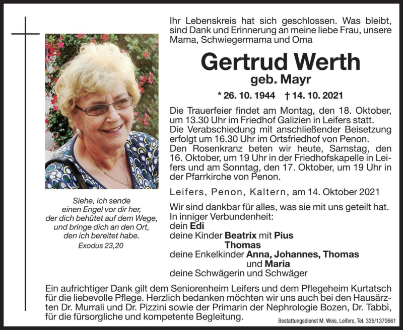  Traueranzeige für Gertrud Werth vom 16.10.2021 aus Dolomiten