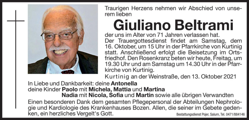  Traueranzeige für Giuliano Beltrami vom 15.10.2021 aus Dolomiten