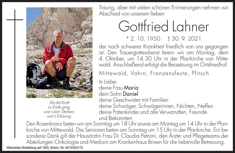  Traueranzeige für Gottfried Lahner vom 02.10.2021 aus Dolomiten