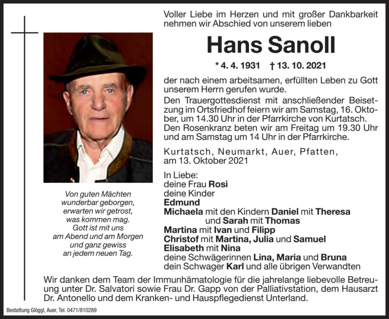  Traueranzeige für Hans Sanoll vom 14.10.2021 aus Dolomiten