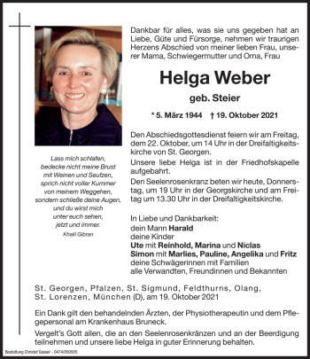 Traueranzeige von Helga Weber von Dolomiten