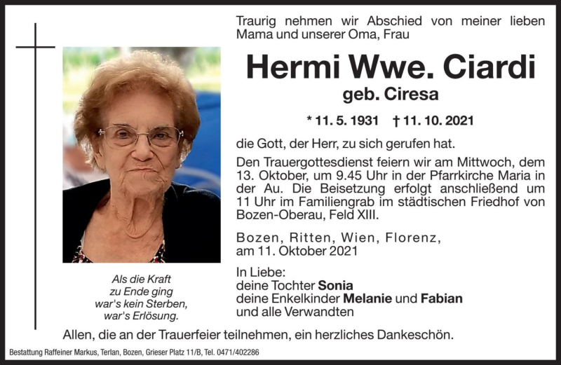  Traueranzeige für Hermi Ciardi vom 12.10.2021 aus Dolomiten