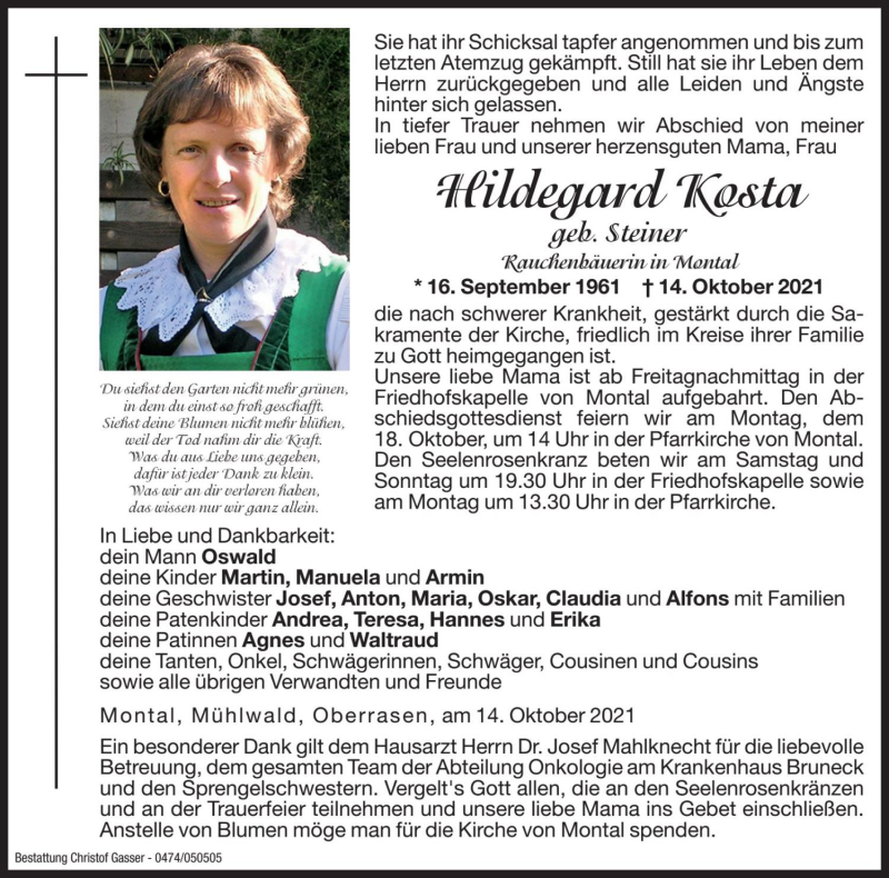  Traueranzeige für Hildegard Kosta vom 16.10.2021 aus Dolomiten