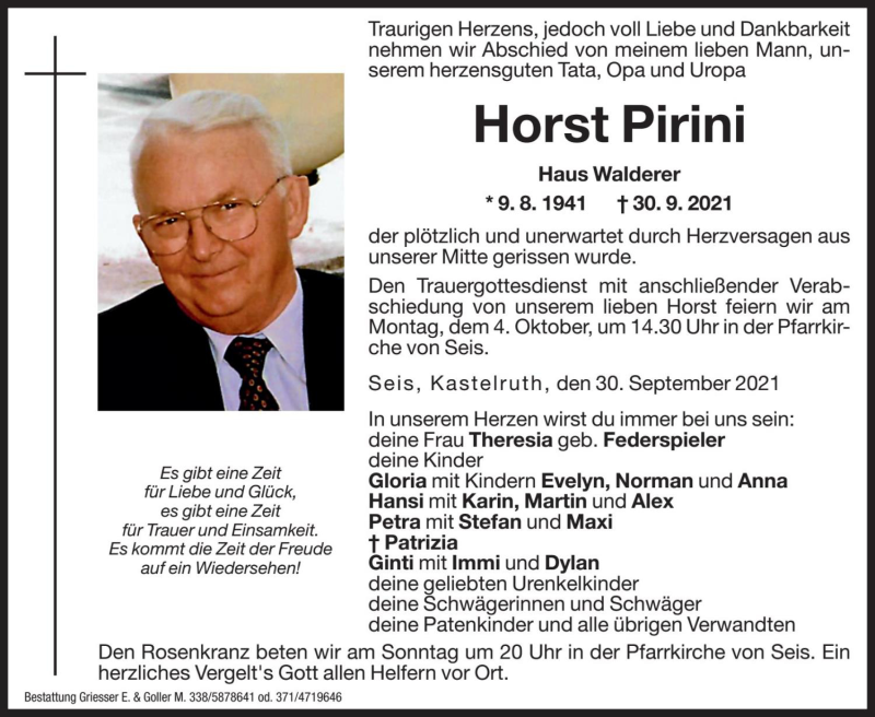  Traueranzeige für Horst Pirini vom 02.10.2021 aus Dolomiten