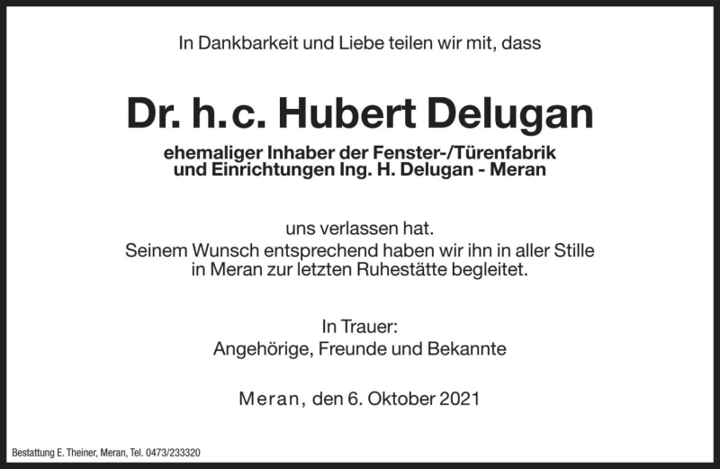  Traueranzeige für Hubert Delugan vom 15.10.2021 aus Dolomiten
