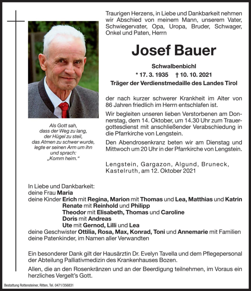  Traueranzeige für Josef Bauer vom 12.10.2021 aus Dolomiten