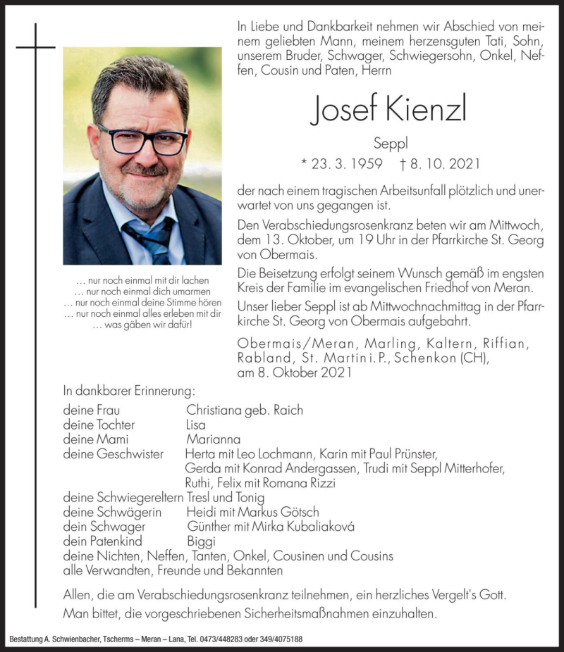  Traueranzeige für Josef Kienzl vom 12.10.2021 aus Dolomiten