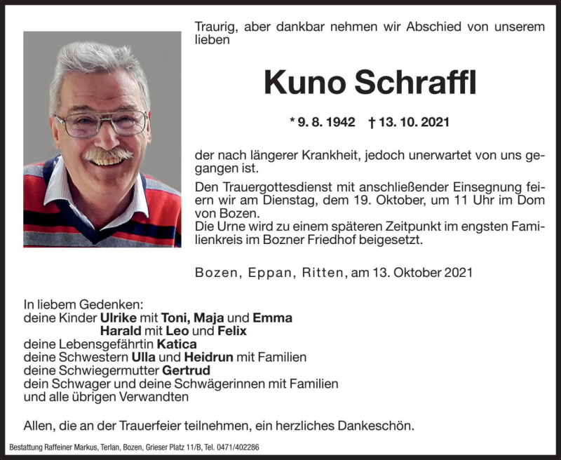  Traueranzeige für Kuno Schraffl vom 15.10.2021 aus Dolomiten
