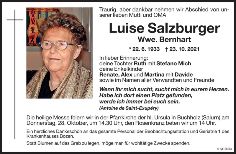  Traueranzeige für Luise Bernhart vom 27.10.2021 aus Dolomiten