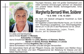 Traueranzeige von Margherita Solderer von Dolomiten