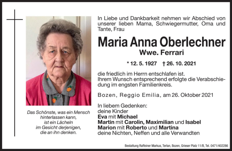  Traueranzeige für Maria Anna Ferrari vom 30.10.2021 aus Dolomiten