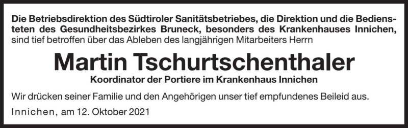  Traueranzeige für Martin Tschurtschenthaler vom 16.10.2021 aus Dolomiten