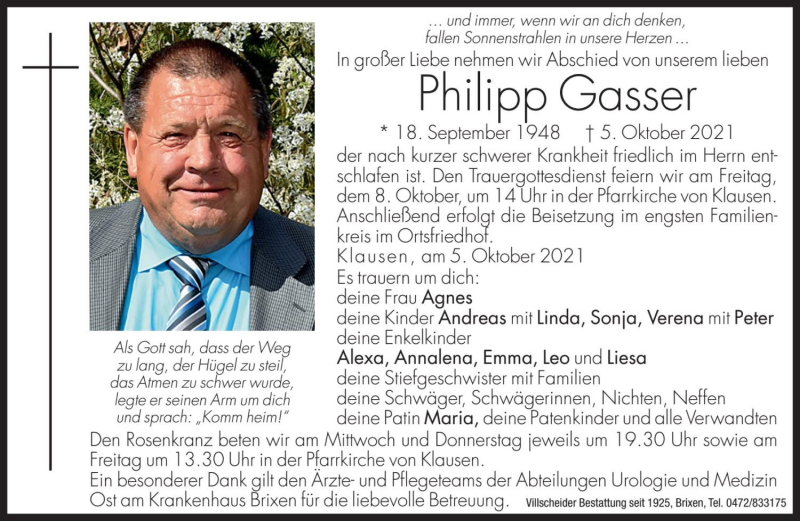  Traueranzeige für Philipp Gasser vom 06.10.2021 aus Dolomiten