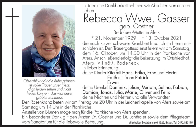  Traueranzeige für Rebecca Gasser vom 15.10.2021 aus Dolomiten